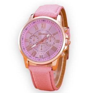 New Womans Roman Numerals Pink Faux Leather Analog Quartz Blu-ray Wrist Watch